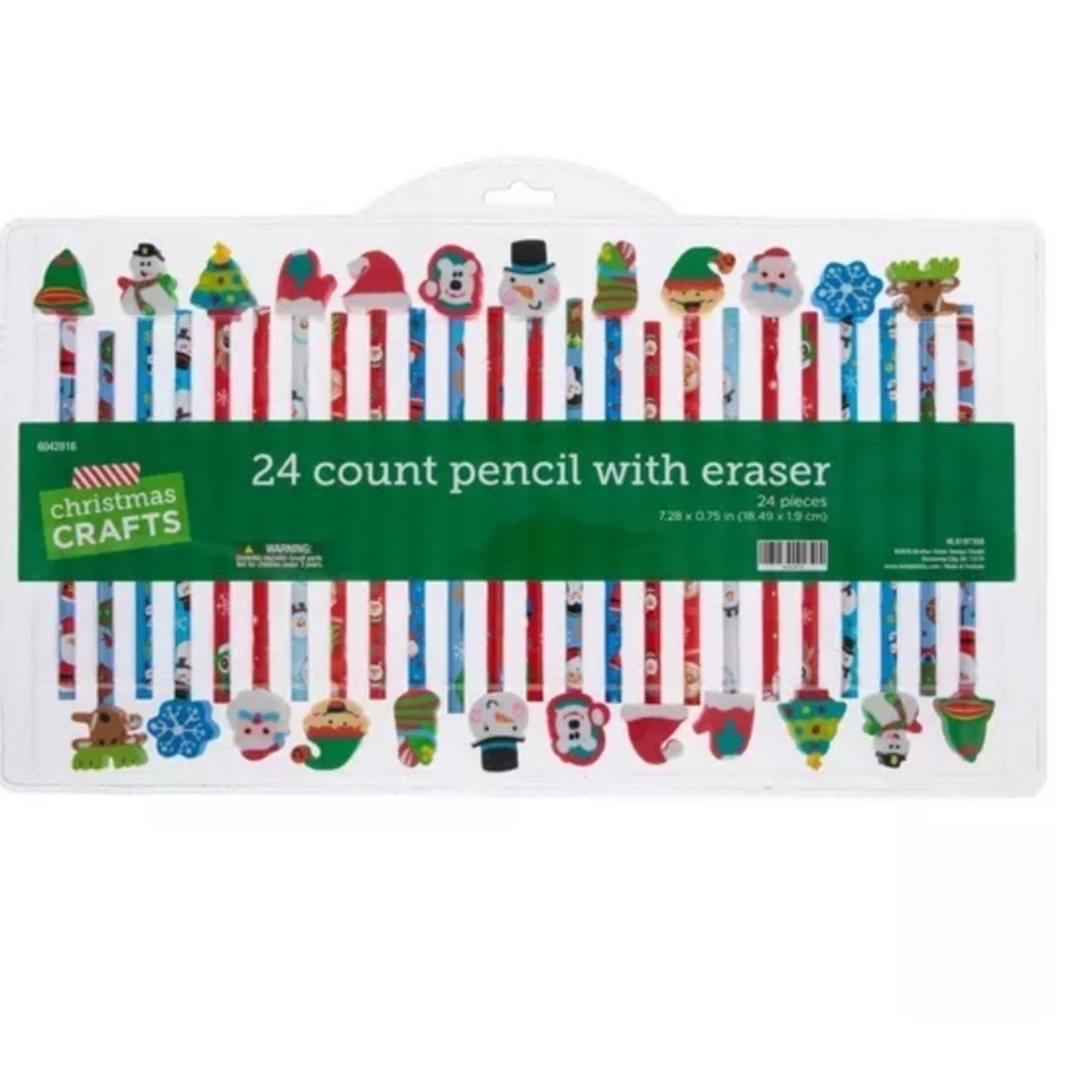 Festive Pencils & Eraser Topper Set NEW Christmas 24 Pack Classroom Gift Supply